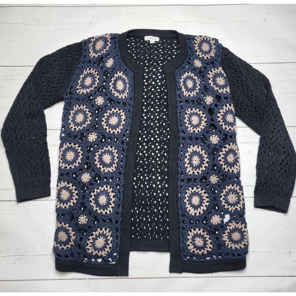 B Sharp Y2K Crochet Open Knit Cardigan Black Blue Geometric Mohair Large - Picture 2 of 8